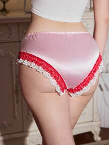 FairyFlirt Mid Rise Ditsy Floral Lace Ruffle Trim Bikini Briefs, Bow Detail, Pink & Red Vacation Wear - Pink - View 3