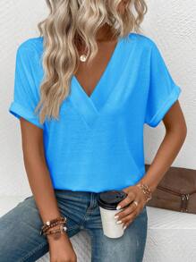 SHEIN LUNE 夏季休闲纯色蝙蝠袖T恤 - 藍色 - 查看 4