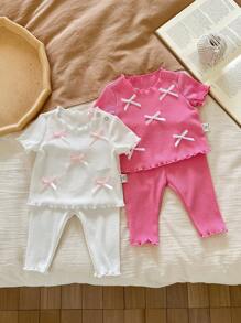 LMoss Kids Bộ đồ ngủ thoải mái thường ngày cho bé gái sơ sinh 4 món trang trí nơ ruy băng tối giản viền sóng cổ tròn tay ngắn và quần dài dệt kim - Hồng - Xem 4