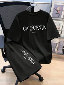 SHEIN Leap Crew 2 Pieces Teen Boys Summer Letter Printed Crew Neck Short Sleeve Casual T Shirt And Drawstring Waist Shorts Set, Perfect For Spring And Summer, Perfect For Dressing Up, Perfect For School, Valentine's Day