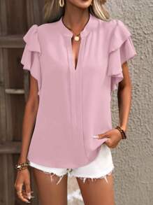 SHEIN Clasi Women's Solid Color V-Neck Ruffle Sleeve Casual Shirt - Pink - View 4