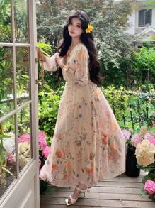 DAZY Vestido de manga farol con cuello en V y estampado floral diminuto, estilo resort, vestido de manga larga para otoño