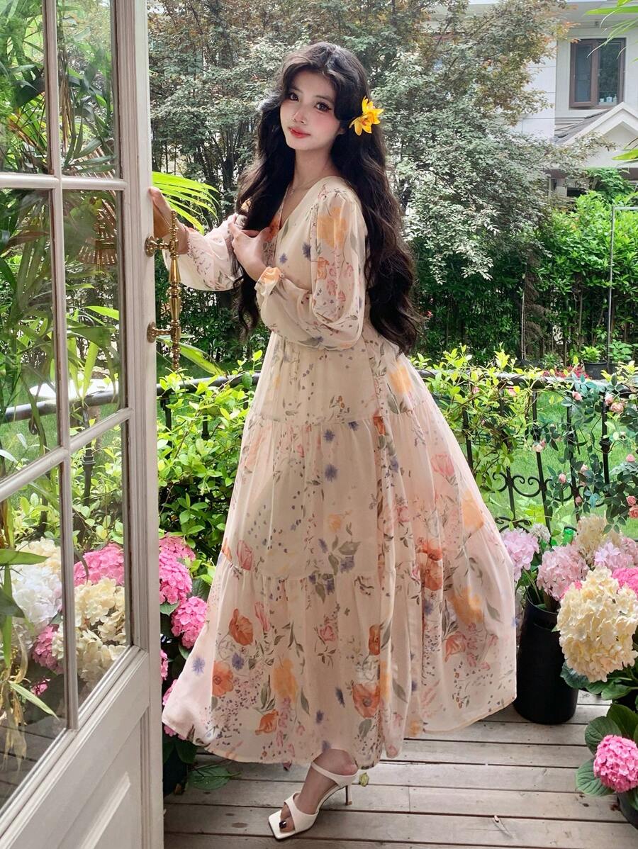 DAZY Vestido de manga farol con cuello en V y estampado floral diminuto, estilo resort, vestido de manga larga para otoño