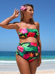 SHEIN Maternity Tropical Plants Print Strapless Bikini Set, Summer Beach - Multicolor - View 3