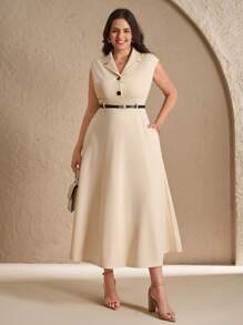 SHEIN Clasi 大尺碼女款經典極簡辦公/通勤洋裝，夏季女款洋裝，商務休閒女裝，夏季女款太陽裙 - 杏色 - 查看 4