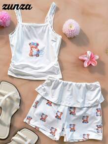 Set de 2 piezas de conjunto informal y elegante para adolescentes, adecuado para ocio interior y exterior en primavera y verano, incluye top de punto con estampado de oso y pantalones cortos