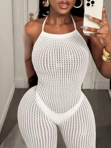 BamGleam 女式镂空渔网紧身连衣裤，低领 - 白色 - 查看 7