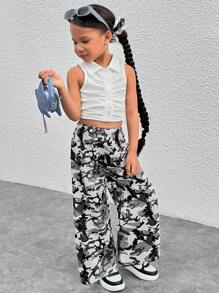 Pantalones sueltos y casuales con estampado de camuflaje trenzado para niñas