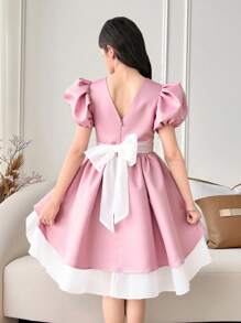 SHEIN Leap Crew Vestito elegante aderente per ragazza pre-adolescente, con collo rotondo, maniche a sbuffo e vita in vita con gonna a-line - Rosa - Visualizzare 2