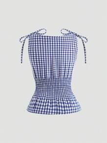 Sweetra Women's Spring & Summer Elegant Plaid Crisscross Shoulder Tie Waist Fitted Slim Casual Commute Versatile Camisole - Blue and White - View 2