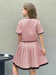 SHEIN Nova Glow Tween 女童梭织拼色短袖上衣和褶皱迷你裙优雅两件套 - 淺粉色 - 查看 2