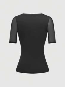 SHEIN Unity 女士时尚黑色网纱短袖V领上衣，夏季必备 - 黑色 - 查看 2