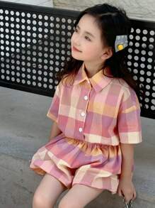 Dazy Kids 2 pièces/Set Chemise à manches courtes boutonnée à carreaux et short assorti pour jeune fille, tenues d'été pour filles
