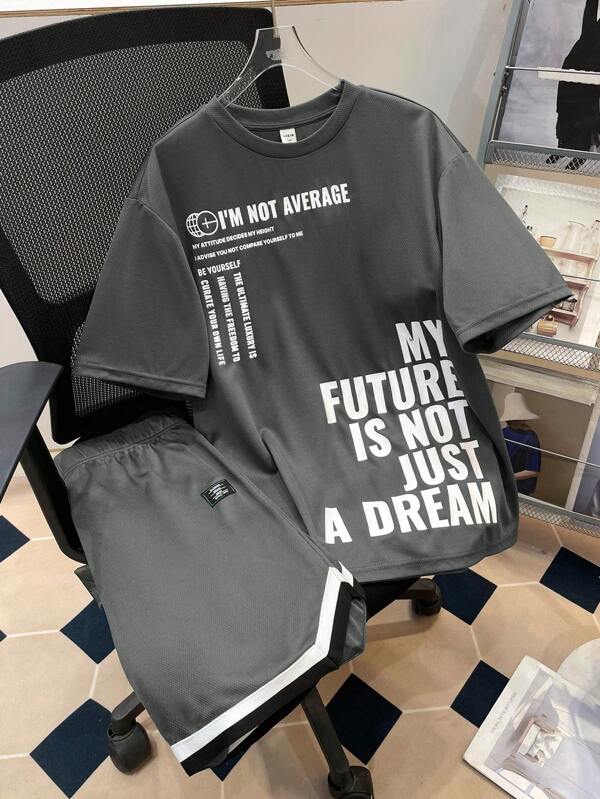 SHEIN 2pcs/Set Casual Street Style Teenage Boys Letter Print Crew Neck Loose T-Shirt And Knit Shorts Set Teen Boys Two Piece Set T Shirt Set