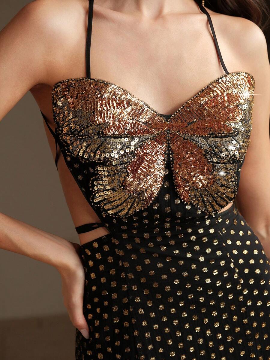 Heavy Embroidered Butterfly Chiffon Jacquard A-Line Dress - Black - View 1