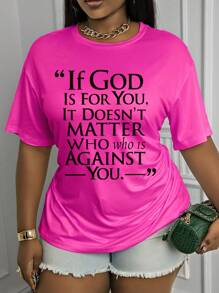 Maweii Thêm dòng chữ "Nếu Chúa ủng hộ bạn, thì ai phản đối cũng không quan trọng", Áo thun nữ cổ tròn tay ngắn mùa xuân hè, phiên bản kết hợp - Màu Hồng Tươi - Xem 1