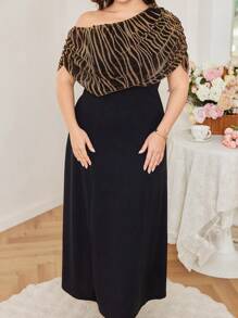 Modelyn Vestido mini ajustado con hombro oblicuo, en patchwork a rayas de talla grande - Negro - Ver 4