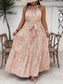 SHEIN VCAY Plus Size Paisley Print Ruffle Hem Belted Halter Dress, Mother Day Outfit, Vacation Outfits Woman, Rave Outfit, Western Wear Women Plus,Maxi Dress - Multicolor - View 1