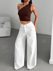 EURMUSE Quần Jeans Ống Rộng Màu Trơn Đa Năng Thường Ngày - trắng - Xem 5