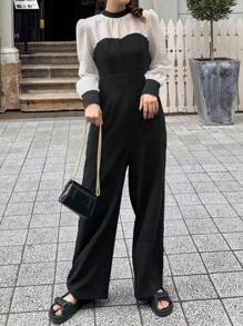 FRIFUL Damen Chiffon Loose Jumpsuit mit Ballonärmeln & Farbblockdesign, geeignet für Musikfestivals, Frühling/Sommer - Schwarz und Weiss - Übersicht 7