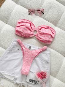 SHEIN Swim Mod 2pcs/Set Women Summer New Fashionable Sexy Swimwear, Jacquard Bandeau Top And Thong Bikini Bottom Set - Baby Pink - View 6