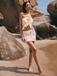 Poéselle Modna bluzka z falbaną na dole i kwiatowym wzorem, odpowiednia na lato - Morela - Zobacz 1