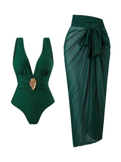 Swim Oasis 2pcs/Set 2025 New Women Solid Color One Piece Swimsuit & Mesh Long Skirt Beachwear Vacation Summer Casual One Piece Swimsuit Set