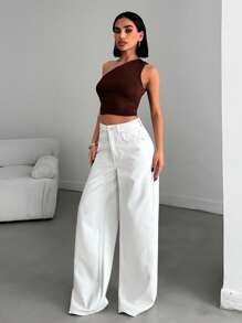 EURMUSE Quần Jeans Ống Rộng Màu Trơn Đa Năng Thường Ngày - trắng - Xem 3
