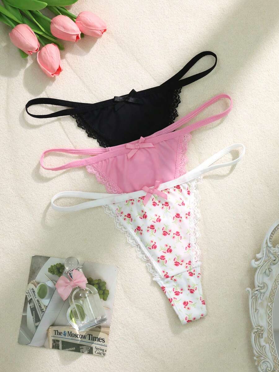 PetitDoll 3 pièces/Set Culottes tanga à imprimé floral en dentelle et nœud pour femmes