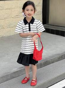 DAZY Robe décontracté en tricot à manches courtes, col rayé pour filles et enfants, été - Noir et Blanc - Voir 6