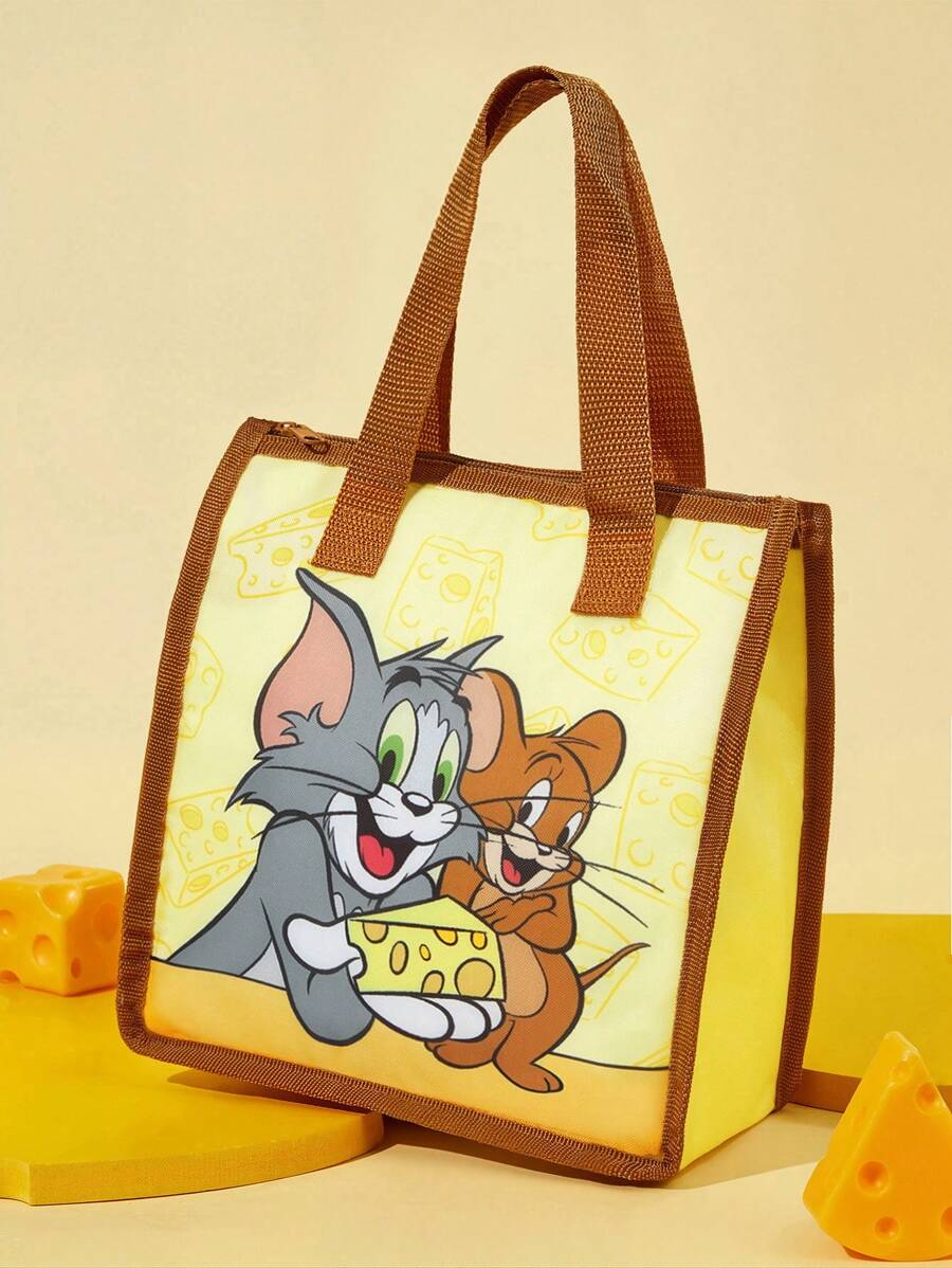 TOM & JERRY X SHEIN 1pc Cute Cartoon Cat And Mouse Pattern Printed Insulated Lunch Bag, Keeps Food Warm Or Cold, Picnic Bag, Large Capacity, Can Hold Lunch Boxes And Drinks, Suitable For Picnics, Camping, Travel, Home Use, Suitable For Families, And Students