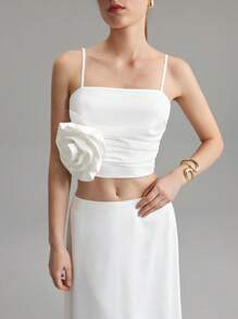 Ontre 2025 Nieuwe dames mouwloze bustiertop, witte linnenmix bloemenapplicatie croptop, bruiloftsfeeststijl casual dagelijkse kleding