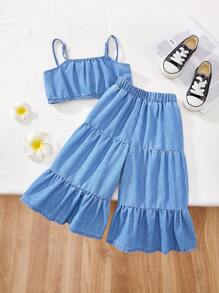 SHEIN 2件套 2025 少女牛仔蝴蝶结前短款吊带上衣和阔腿荷叶边裤 - 淺色水洗藍 - 查看 2