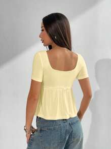 CovetEZ Women's Simple Square Neck Short Sleeve T-Shirt Top , Yellow, Summer Yellow - Yellow - View 2