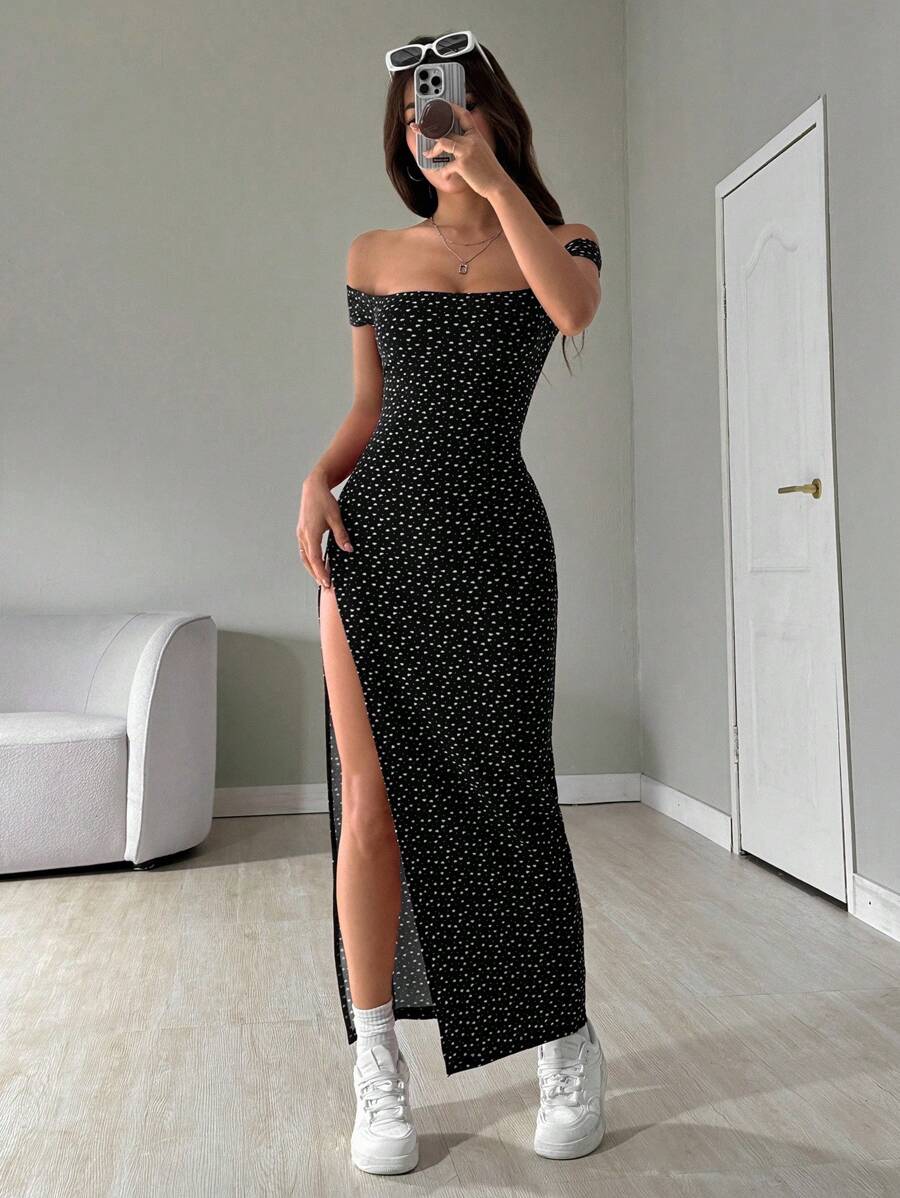 SHEIN EZwear 女款露肩滿版碎花長開衩長洋裝,波點洋裝,夏季休閒 - 黑色 - 查看 1