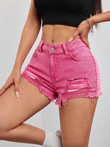 SHEIN PETITE Roze damesjeansshorts met lage taille en scheuren, comfortabele stretch, perfect voor zomerse muziekfestivals en het Y2K-festival. - Roze - Bekijken 6