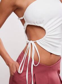 Hauture Camiseta sin tirantes blanca con espalda descubierta y calado para mujer