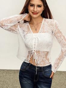Rina Fox Lace Frill Front Bowknot Women's Sheer Thin Jacket Fall Cloth For Women - White - View 5