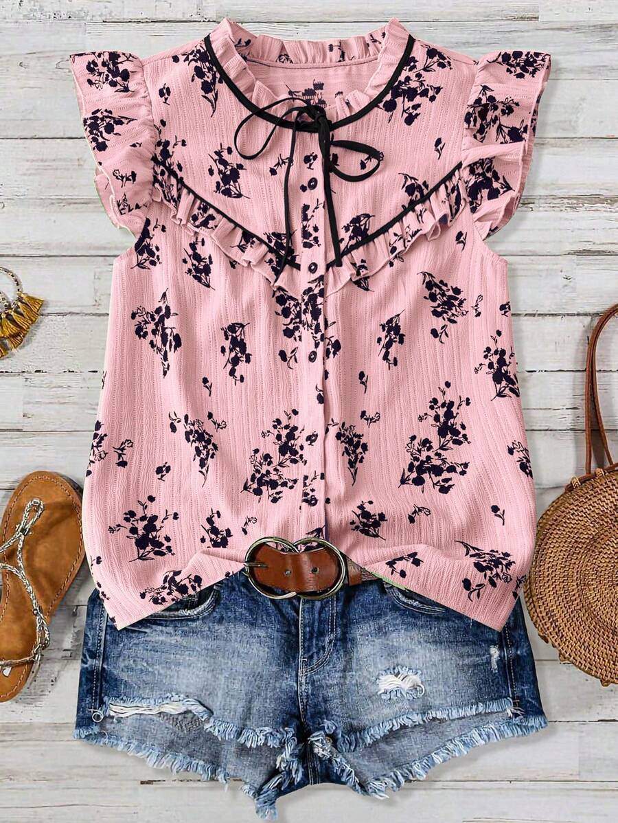 Linhara Plus-Size Lantern Sleeve Casual Summer Shirt For Women - Baby Pink - View 1