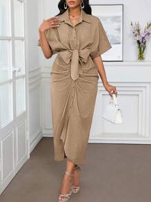 SHEIN Lady Office Dress Holiday Dresses Faux Denim Blue Solid Ruffle Shirt Dress Women's Dress Business Casual Woman,Dresses For Women Summer - Khaki - View 3