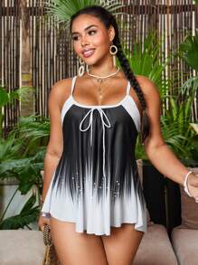 Swim Lushoire 2pcs/Set Plus Size High Waisted Patterned Triangle Swimsuit Top And Bottom, Comfortable Backless Bikini,Beach Outfits For Woman For Summer Beach Vacation - Black and White - View 4