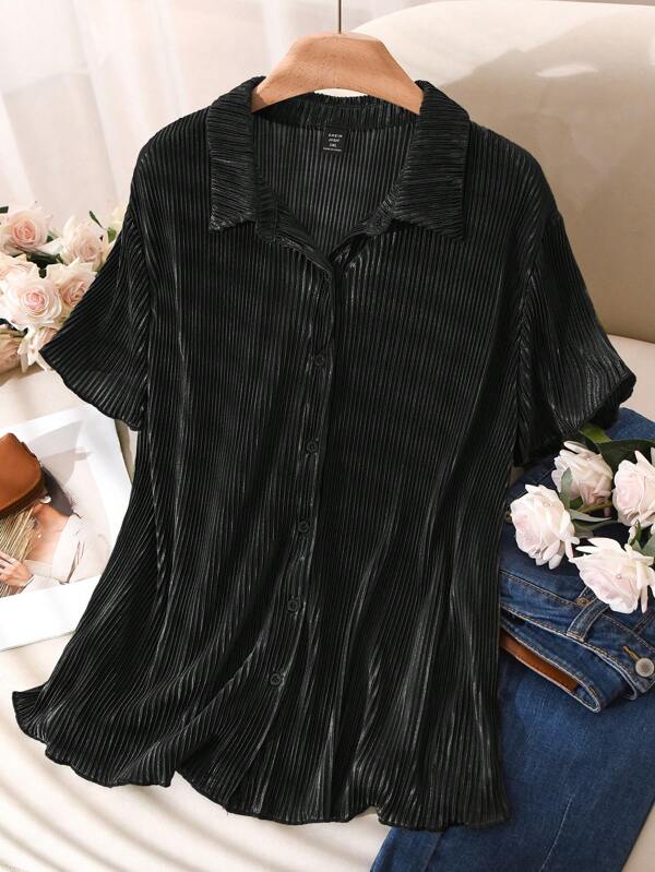 CosyJoli Plus Size Women Pleated Fabric Casual Green Shirt, New Model Spring/Summer