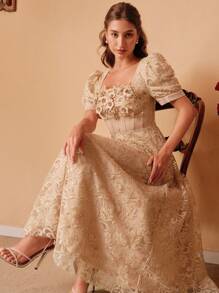 Savoree Spring/Summer New Elegant French Style Party/Date Dress, With Front Sequins Embroidery, Textured Fabric, Puff Sleeves, A-Line Hem, Waist Cinching, Apricot, Maxi Length - Apricot - View 7