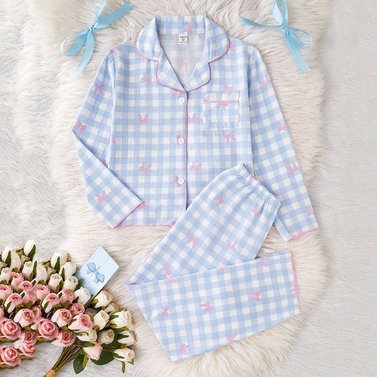 Set de 2 piezas de pijama estilo colegiala para niñas preadolescentes, con estampado de mariposa y de guinga, pantalón largo y cárdigan de manga la