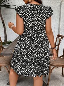 SHEIN VCAY Vestido informal de vacaciones con mangas tipo gorra y estampado floral de flores pequeñas en tallas grandes, conjunto de verano para mujeres, vestidos de sol para mujeres