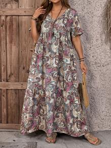 EMERY ROSE Vestido largo holgado casual con cuello en V y estampado de plantas para tallas grandes, look casual campestre para vacaciones, sencillo y de moda para uso diario, blusas de verano para mujer, conjuntos de verano para mujer