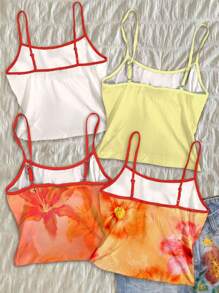 Muchica 4pcs/Set Casual Minimalist Vacation Orange Floral, Cherry Print Color Block Sexy Spaghetti Strap Tank Top For Women, Suitable For Summer - Multicolor - View 2