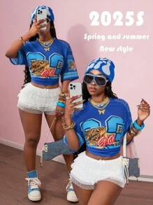 Slaydiva 2025 Autumn & Winter New Arrivals, Women's Street Style Fall/Winter Clothes, Plus Size, Casual Street Daily Date Outfit: V-Neck Short Sleeve Loose Numeric Tiger Print T-Shirt + Layered Lace Ruffle Mini Skirt Shorts, Women Lounge Sets - Blue and White - View 1