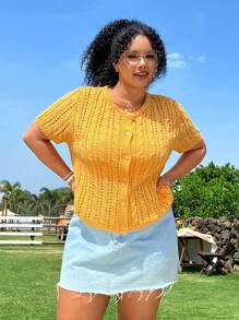 SHEIN EZwear Women's Plus Size Knitted Fabric Top, Casual Short Sleeve Round Neck Button Front Semi-Sheer Cable Knit Top In Yellow - Yellow - View 3