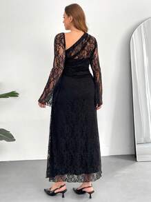 Auralis Đầm ren xếp tầng thanh lịch dành cho nữ cỡ lớn, cổ bất đối xứng, tay xòe, ren. - màu đen - Xem 2